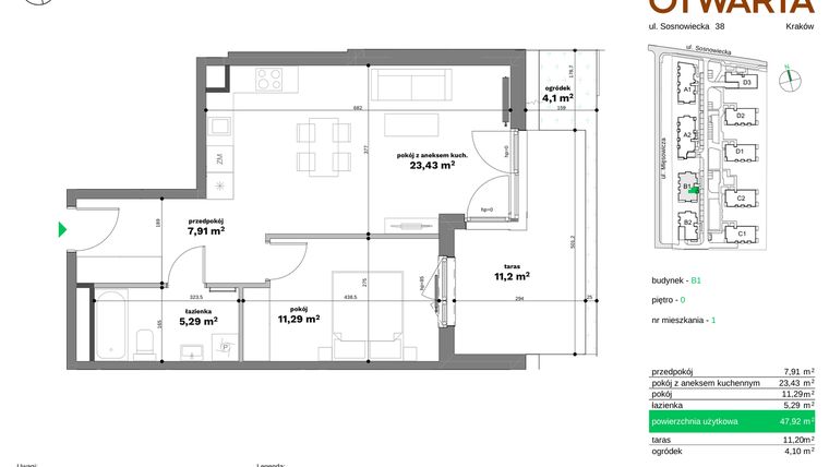 Rzut - Mieszkanie na sprzedaż 2 pokoje o powierzchni 47,92 m² - numer B1-1 w Forma Otwarta etap II