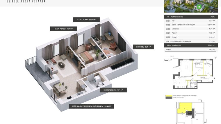 Rzut - Mieszkanie na sprzedaż 3 pokoje o powierzchni 66,83 m² - numer B.1.1 w Dobry Poranek