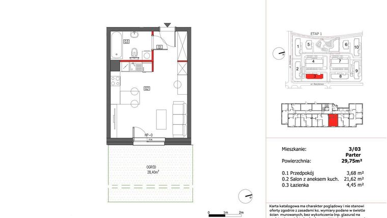 Rzut - Mieszkanie na sprzedaż 1 pokój o powierzchni 29,75 m² - numer 3/3 w Słoneczny Zakątek
