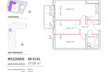 Rzut - Mieszkanie na sprzedaż 3 pokoje o powierzchni 59,08 m² - numer D145 w Osiedle Impresja 2