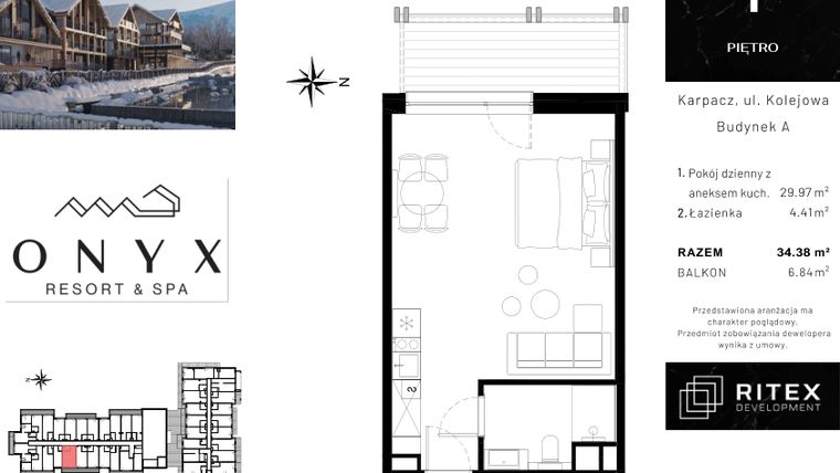 Rzut - Mieszkanie na sprzedaż 1 pokój o powierzchni 34,55 m² - numer NR 01.A6 w Onyx Resort & Spa
