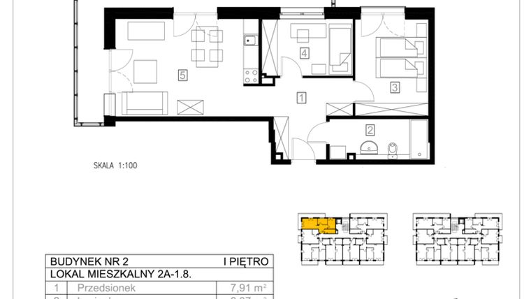 Rzut - Mieszkanie na sprzedaż 3 pokoje o powierzchni 54,55 m² - numer 2A-1.8 w Gardenia Pogodno