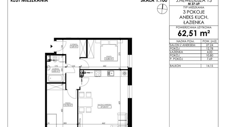 Rzut - Mieszkanie na sprzedaż 3 pokoje o powierzchni 62,51 m² - numer JAR-II-B-LM-M53 w Osiedle JAR Heweliusza etap II
