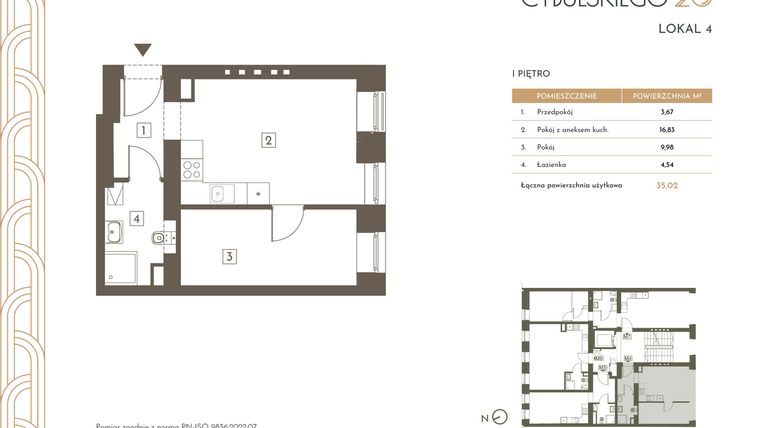 Rzut - Mieszkanie na sprzedaż 2 pokoje o powierzchni 35,02 m² - numer 4 w Cybulskiego 20