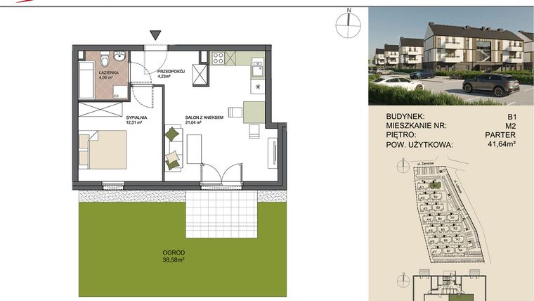 Rzut - Mieszkanie na sprzedaż 2 pokoje o powierzchni 41,64 m² - numer B1/2 w Osiedle Przy Lipowej