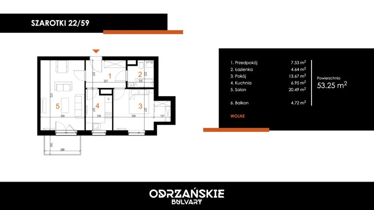 Rzut - Mieszkanie na sprzedaż 2 pokoje o powierzchni 53,25 m² - numer 22/59 w Odrzańskie Bulvary