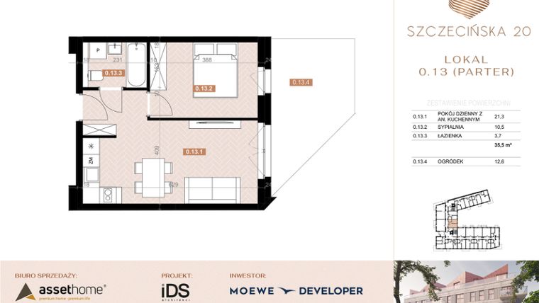 Rzut - Mieszkanie na sprzedaż 2 pokoje o powierzchni 35,3 m² - numer 13 w Szczecińska 20