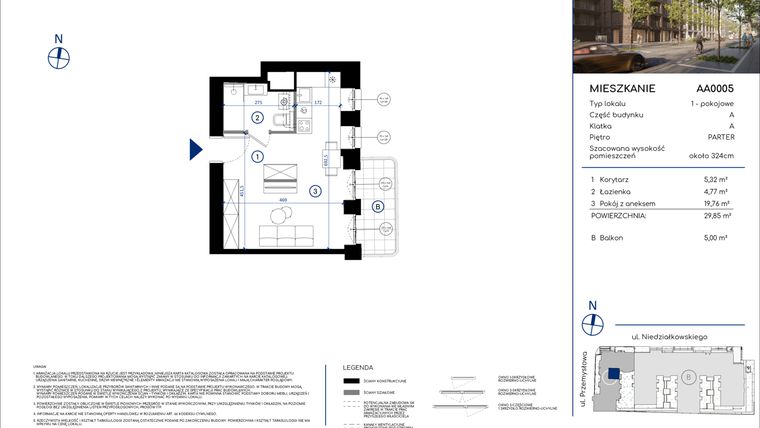 Rzut - Mieszkanie na sprzedaż 1 pokój o powierzchni 29,85 m² - numer AA0005 w Niedziałkowskiego Park