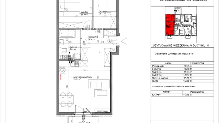 Rzut - Mieszkanie na sprzedaż 3 pokoje o powierzchni 62,7 m² - numer M1/P2/1 w Nowa Klecina