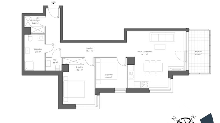 Rzut - Mieszkanie na sprzedaż 3 pokoje o powierzchni 76,06 m² - numer H.206 w Nautica Resort etap III