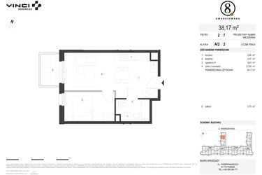 Rzut - Mieszkanie na sprzedaż 2 pokoje o powierzchni 38,17 m² - numer A/2/2.7 w Smardzewska 8