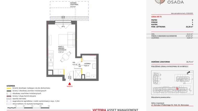 Rzut - Mieszkanie na sprzedaż 1 pokój o powierzchni 26,28 m² - numer E.75 w Piastova Osada