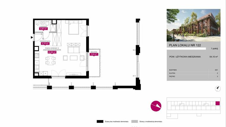 Rzut - Mieszkanie na sprzedaż 1 pokój o powierzchni 54,09 m² - numer G1.122 w Fuzja Mieszkania Loftowe