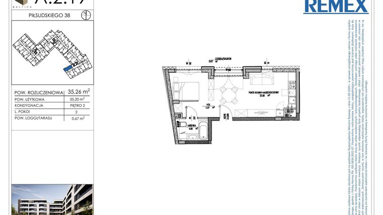 Rzut - Mieszkanie na sprzedaż 1 pokój o powierzchni 35,59 m² - numer A.2.19 w Osiedle BALTICA