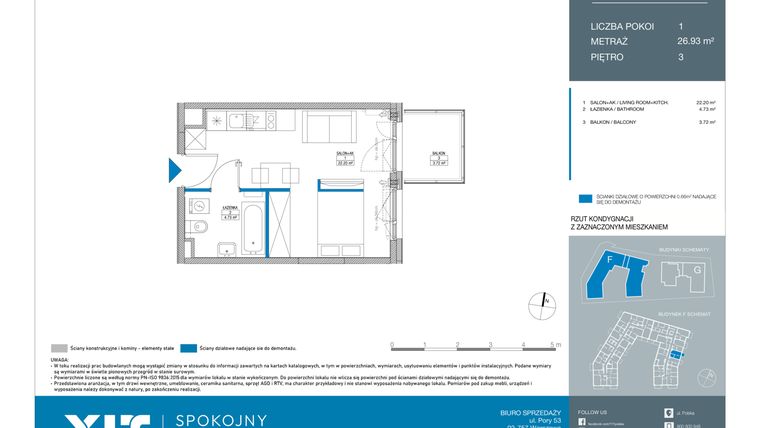 Rzut - Mieszkanie na sprzedaż 1 pokój o powierzchni 26,93 m² - numer FB0301 w Spokojny Mokotów etap II