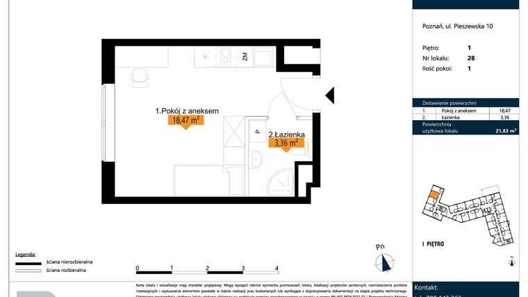 Rzut - Mieszkanie na sprzedaż 1 pokój o powierzchni 21,83 m² - numer B.1.28 w ŁACINA SPOT - apartamenty inwestycyjne