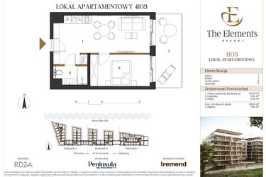 Rzut - Mieszkanie na sprzedaż 2 pokoje o powierzchni 38,85 m² - numer B4103 w The Elements Resort