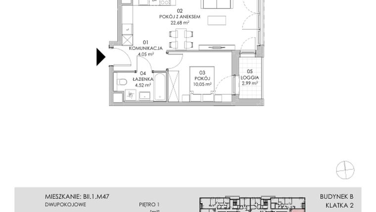 Rzut - Mieszkanie na sprzedaż 2 pokoje o powierzchni 41,3 m² - numer BII.1.M47 w Przewóz 42 ATAL II