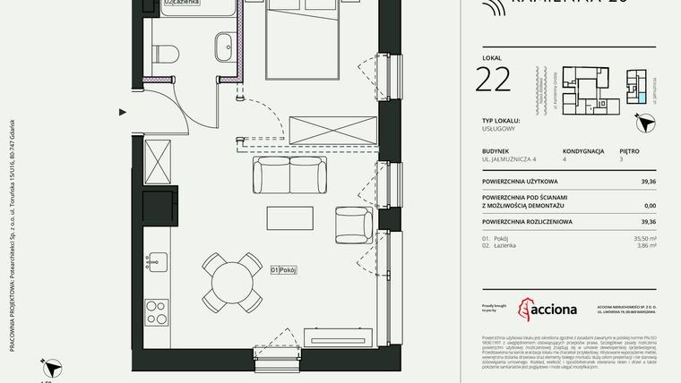 Rzut - Mieszkanie na sprzedaż 1 pokój o powierzchni 39,36 m² - numer 4.22 w Kamienna 28 - apartamenty inwestycyjne