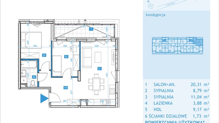 Rzut - Mieszkanie na sprzedaż 3 pokoje o powierzchni 54,92 m² - numer E1 w Osiedle Botaników etap E