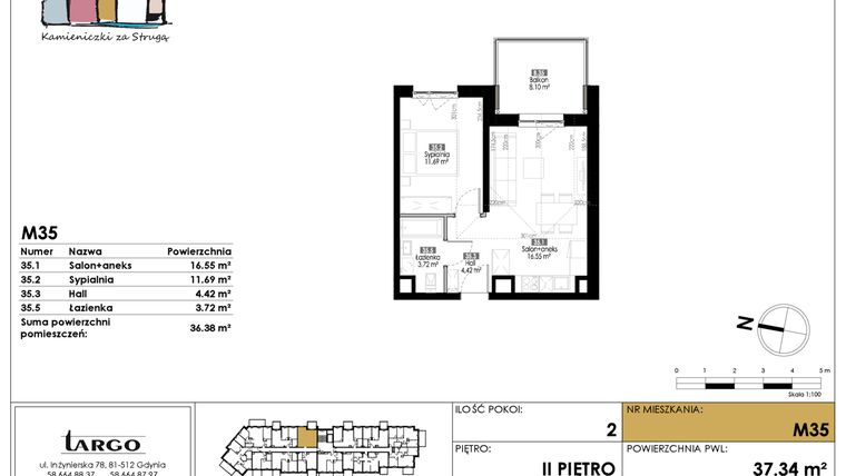 Rzut - Mieszkanie na sprzedaż 2 pokoje o powierzchni 36,38 m² - numer M35 w Kamieniczki za Strugą