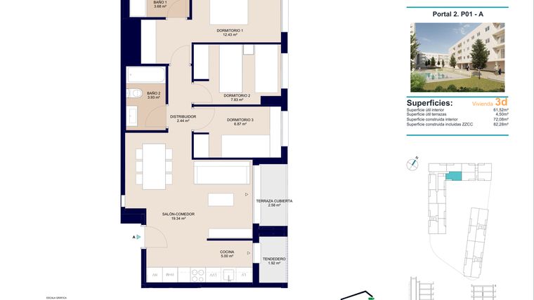 Rzut - Mieszkanie na sprzedaż 3 pokoje o powierzchni 82,28 m² - numer 1-A w Mieszkania w Alicante - 48158915