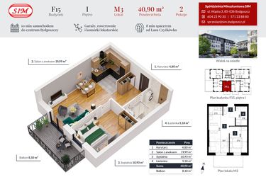 Rzut - Mieszkanie na sprzedaż 2 pokoje o powierzchni 40,9 m² - numer 3 w Tęczowy Zakątek F-15