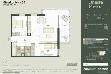 Rzut - Mieszkanie na sprzedaż 3 pokoje o powierzchni 62,13 m² - numer B4/55 w Onelife Powsin