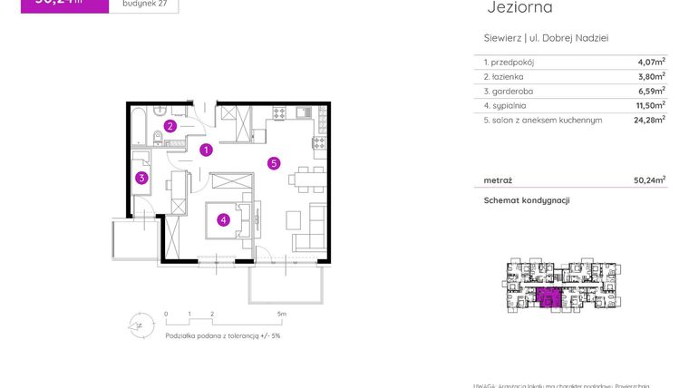 Rzut - Mieszkanie na sprzedaż 2 pokoje o powierzchni 50,24 m² - numer 27.A.3.5 w Murapol Siewierz Jeziorna bud. 27 i 28