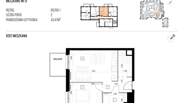 Rzut - Mieszkanie na sprzedaż 2 pokoje o powierzchni 43,47 m² - numer 22I/09 w NATURAMA II