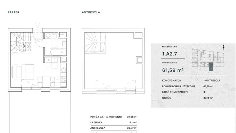 Rzut - Mieszkanie na sprzedaż 2 pokoje o powierzchni 61,59 m² - numer 1.A2.7 w Żernicka Park