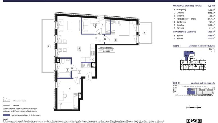 Rzut - Mieszkanie na sprzedaż 4 pokoje o powierzchni 68,9 m² - numer B1 – M1.7 w Primacasa