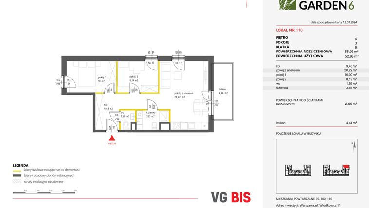 Rzut - Mieszkanie na sprzedaż 3 pokoje o powierzchni 55,02 m² - numer 110 w Nova Viva Garden 6