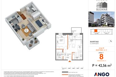 Rzut - Mieszkanie na sprzedaż 2 pokoje o powierzchni 42,56 m² - numer 8 w Bulwar bud. 2