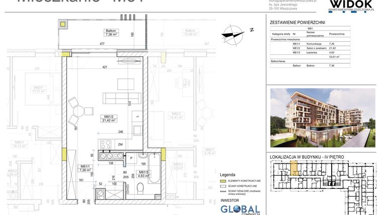 Rzut - Mieszkanie na sprzedaż 1 pokój o powierzchni 33,51 m² - numer M81 w Apartamenty Widok Włoszczowa