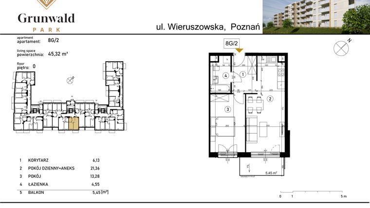 Rzut - Mieszkanie na sprzedaż 2 pokoje o powierzchni 45,32 m² - numer 8 G/2 w Grunwald Park