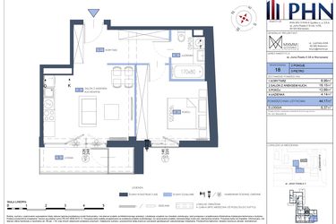Rzut - Mieszkanie na sprzedaż 2 pokoje o powierzchni 44,17 m² - numer 18 w Apartamenty Jana Pawła 34