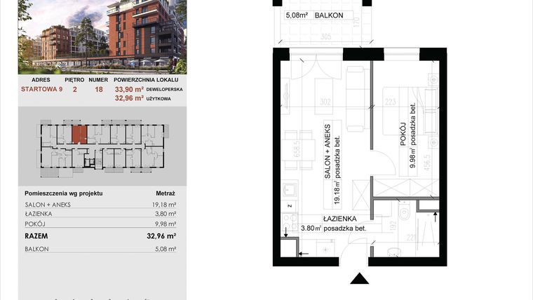 Rzut - Mieszkanie na sprzedaż 2 pokoje o powierzchni 32,96 m² - numer 18 w M|City