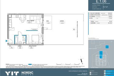 Rzut - Mieszkanie na sprzedaż 2 pokoje o powierzchni 45,62 m² - numer E.1.06 w Nordic Bemowo - etap IV