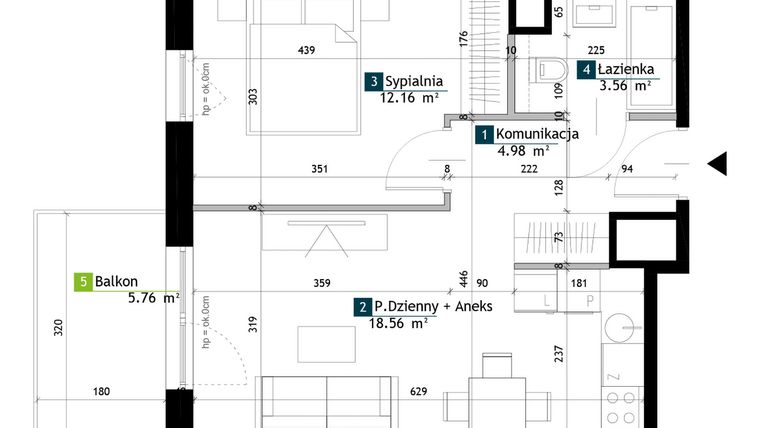 Rzut - Mieszkanie na sprzedaż 2 pokoje o powierzchni 39,26 m² - numer BE0303 w Viva Cité