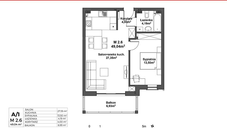 Rzut - Mieszkanie na sprzedaż 2 pokoje o powierzchni 49,04 m² - numer A-2.6 w Nowa Zamiejska