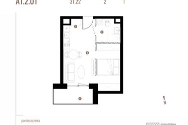 Rzut - Mieszkanie na sprzedaż 1 pokój o powierzchni 31,22 m² - numer A1.2.01 w Belg Apartamenty etap II