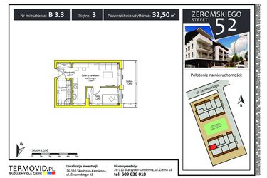 Rzut - Mieszkanie na sprzedaż 1 pokój o powierzchni 32,5 m² - numer B 3.3 w Żeromskiego Street 52