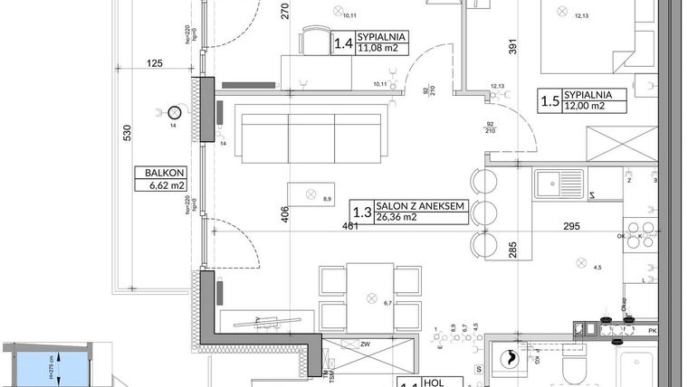 Rzut - Mieszkanie na sprzedaż 3 pokoje o powierzchni 61,85 m² - numer 45B w Osiedle Młodych etap V