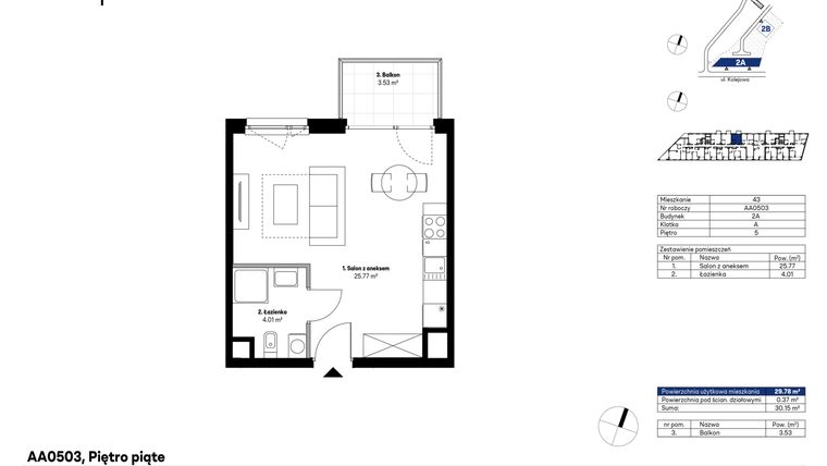 Rzut - Mieszkanie na sprzedaż 1 pokój o powierzchni 29,78 m² - numer AA0503 w NU2 Warszawa Wola