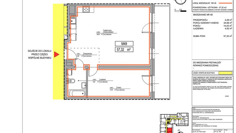 Rzut - Mieszkanie na sprzedaż 2 pokoje o powierzchni 57,32 m² - numer 3.49 w Czerwieńskiego 3