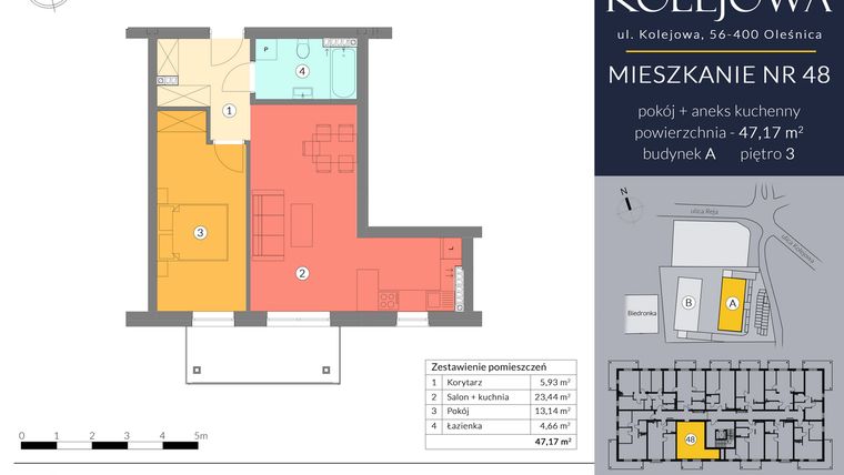 Rzut - Mieszkanie na sprzedaż 2 pokoje o powierzchni 47,17 m² - numer A.48 w Osiedle Kolejowa