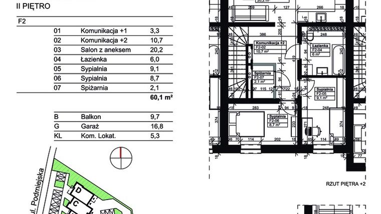 Rzut - Mieszkanie na sprzedaż 3 pokoje o powierzchni 60,1 m² - numer F2 w Podmiejska 20