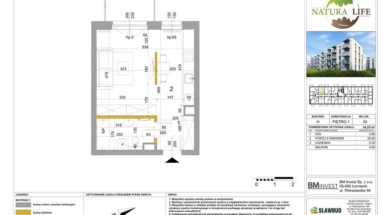 Rzut - Mieszkanie na sprzedaż 1 pokój o powierzchni 34,17 m² - numer H.30 w Osiedle Natura Life budynki GHI