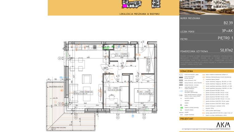 Rzut - Mieszkanie na sprzedaż 3 pokoje o powierzchni 50,87 m² - numer B2.39 w Nova Daliova
